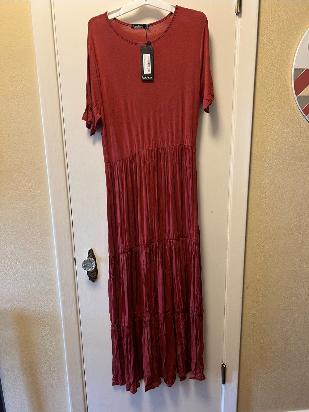 Boohoo Brick Red Short Sleeve Tiered Maxi Dress